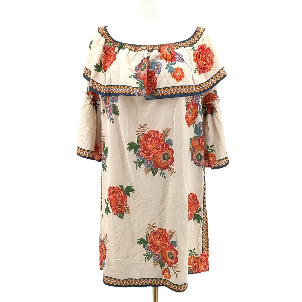 Flying Tomato Floral Boho Dress Bell Sleeve Off Shoulder Cream Midi Size M